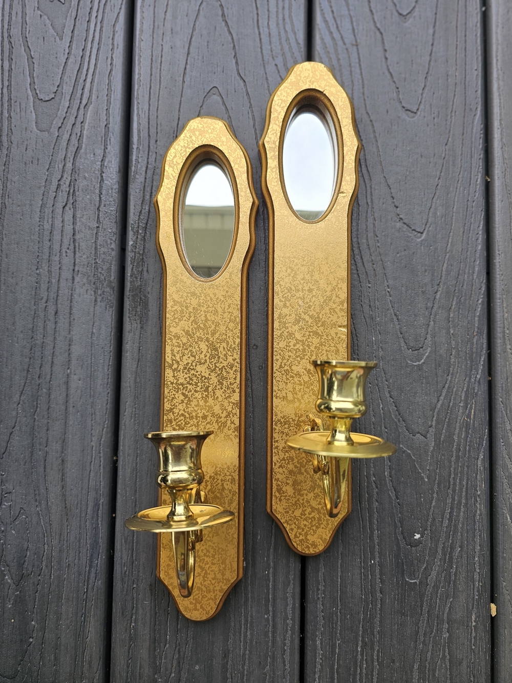 Vintage Home Interiors Gold Mirrored Candle Sconces Pair Homco Brass Wall Decor